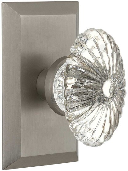 New York Rosette Door Set with Oval Fluted-Crystal Glass Knobs in Satin Nickel.